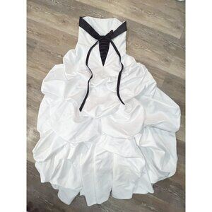 David's Bridal Sz 12 White Black Gathered Strapless Lace Up Corset Wedding Gown